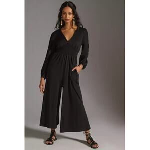 Anthropologie Hutch Black Jersey Knit Wide Leg V-Neck Jumpsuit Small